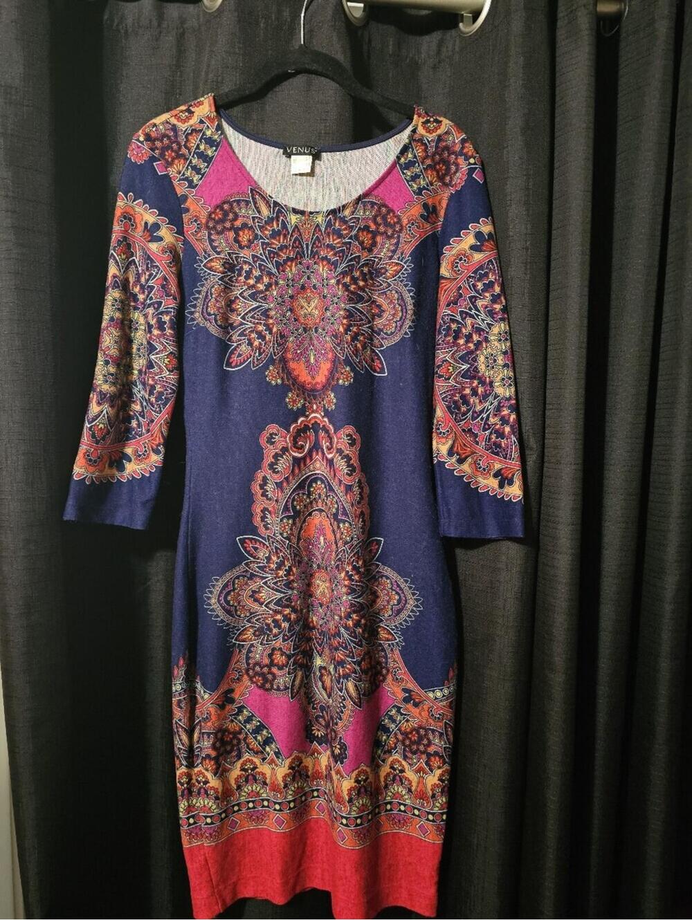 VENUS Navy Dress with Pink & Red Mandala Print
